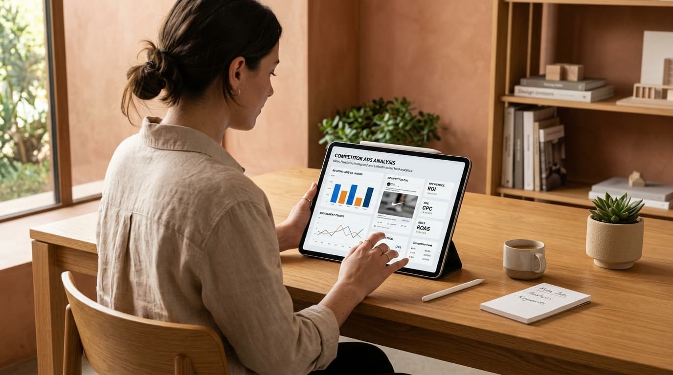 Researching competitor social media ads on tablet
