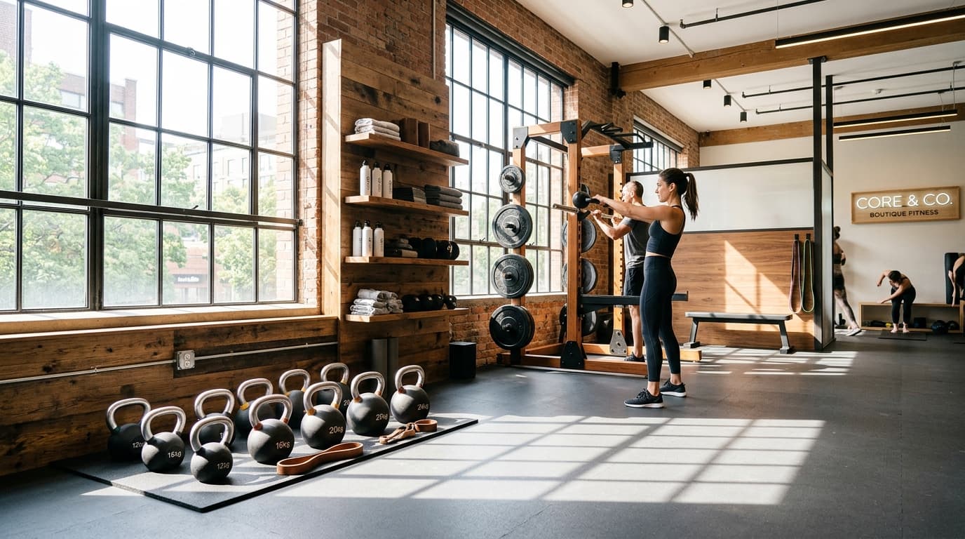 High-end boutique fitness studio space transformed into class booking ads